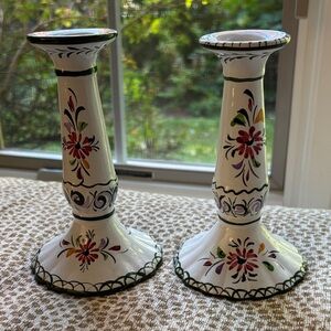 Hand Painted Candlesticks Portugal Pair EUC